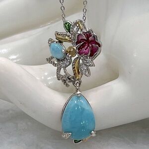 Larimar Multigemstone 14K YG Sterling Silver Drop Pendant Necklace